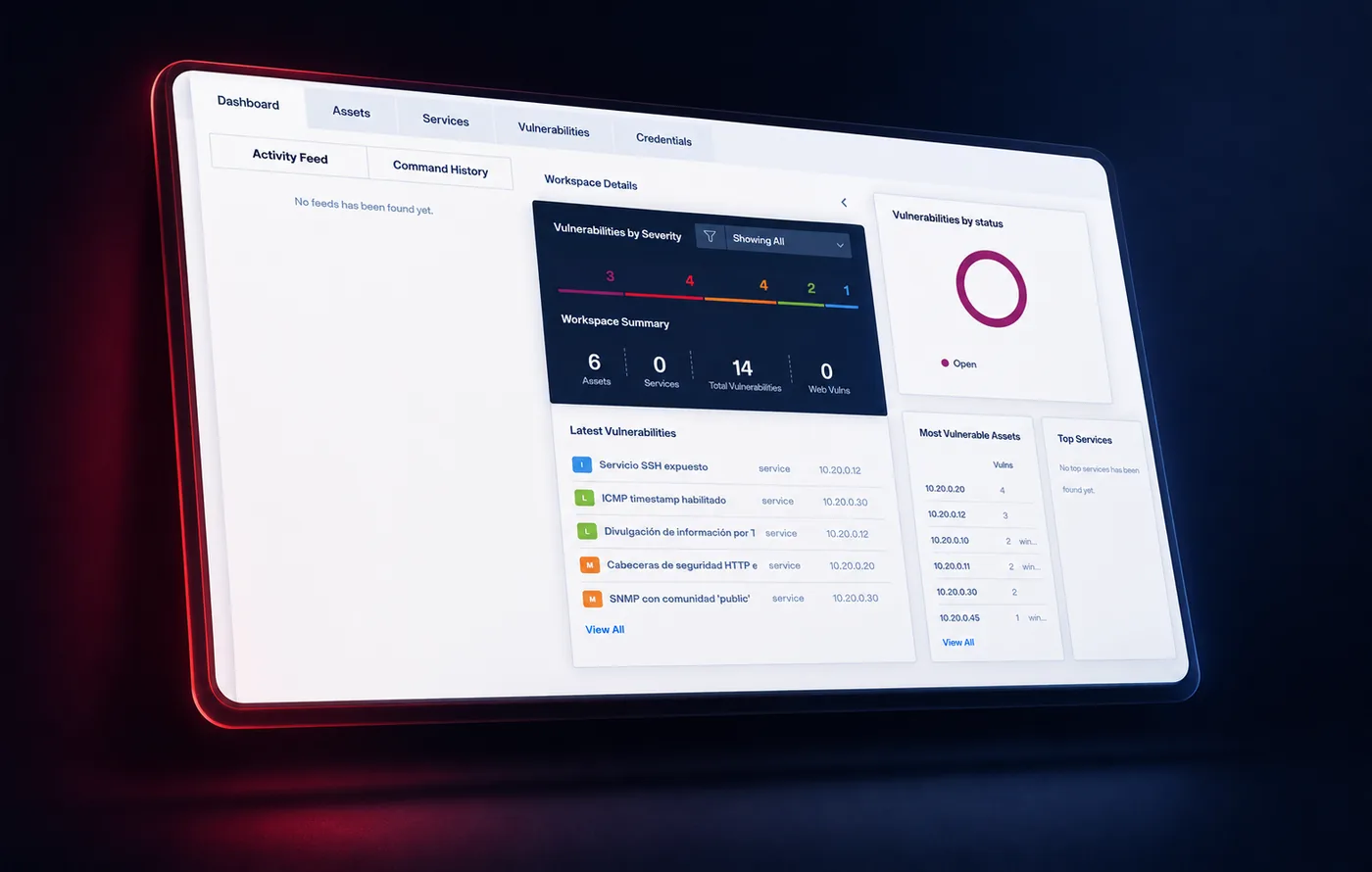 Panel de Faraday con hallazgos consolidados por severidad y hosts más vulnerables